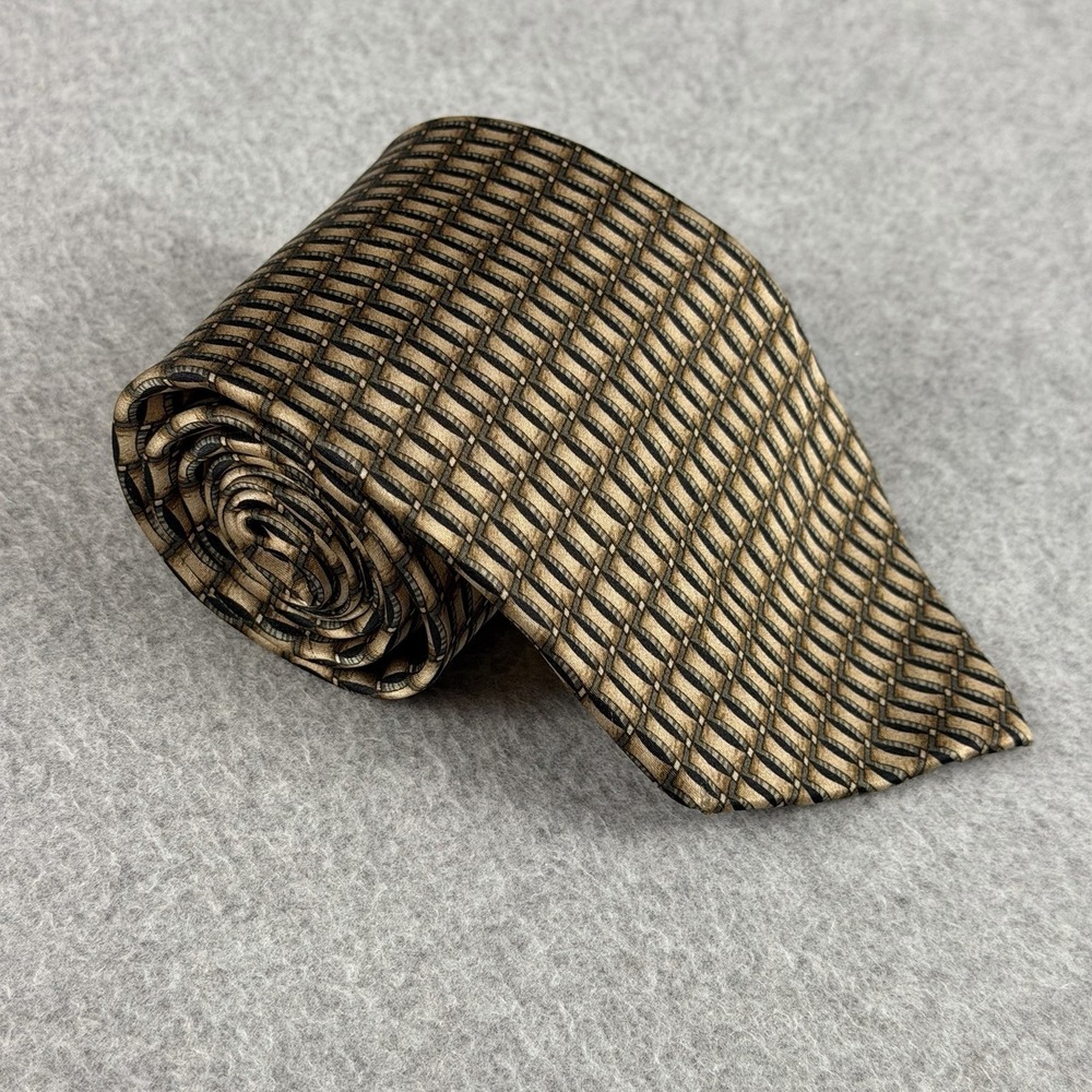 Vintage Stonehenge Silk Tie Mens Gold Black Geometric Woven Necktie 60x3.75"
